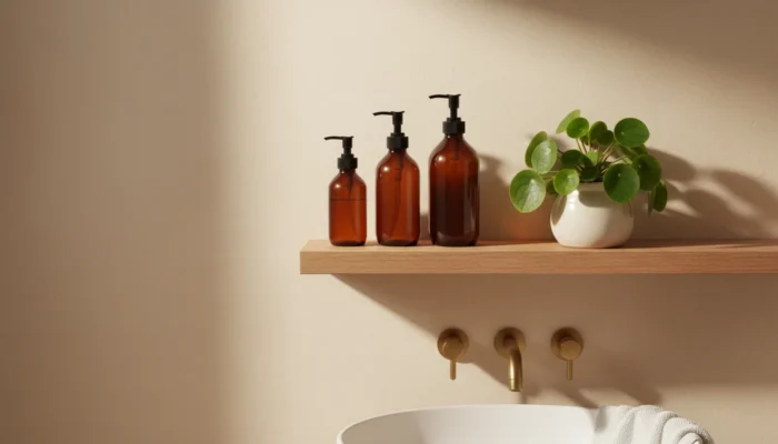Dark amber skincare bottles on a warm wooden bathroom shelf — the Aesop daily ritual aesthetic