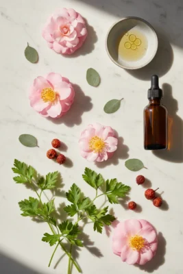 Natural botanical ingredients in Aesop skincare — parsley seed, rosehip, camellia and essential oils