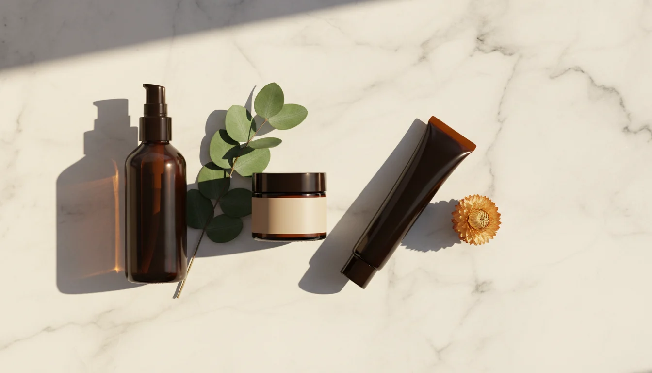Dark amber skincare bottles on white marble — Aesop skincare review, is it worth the price