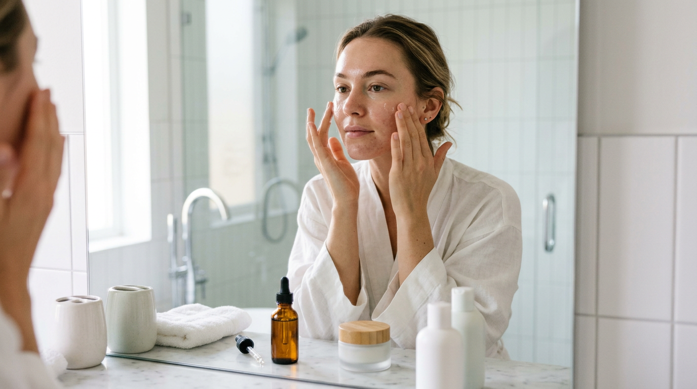Woman applying hydrating serum to her face as part of a skincare morning routine