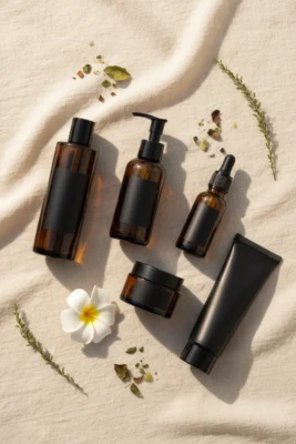 Best Aesop skincare products — toner, serum, moisturiser, facial oil and hand balm on cream linen