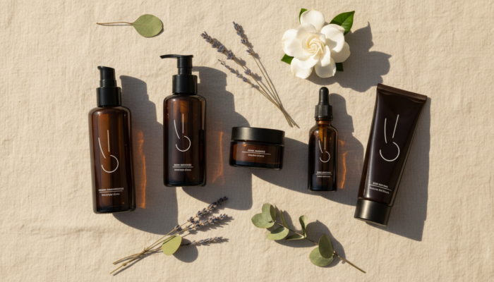 Lifestyle image illustrating the Drunk Elephant daily skincare ritual. Minimal bathroom vanity with amber glass bottles, warm morning light and eucalyptus — representing the brand's biocompatible, clean formulation approach.