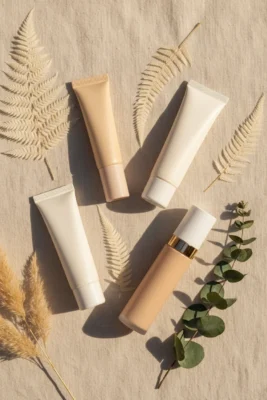 A curated selection of the best tinted moisturisers arranged on a cream linen surface