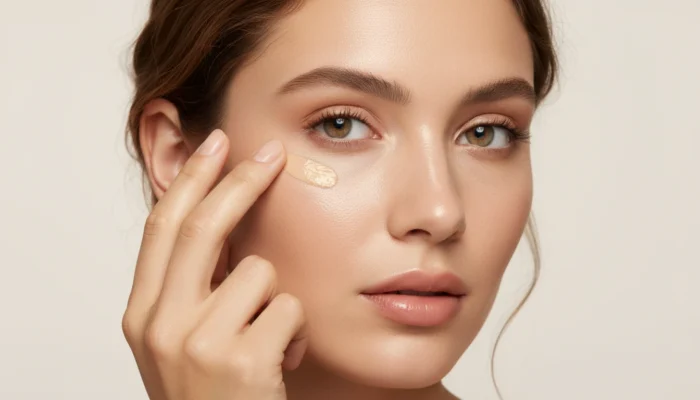 Applying bright concealer under the eye with ring finger for a lifted natural finish