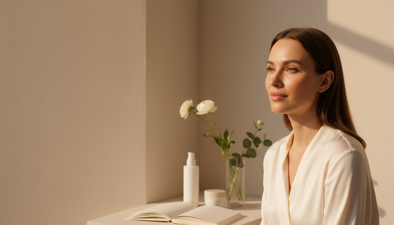 Elegant woman with glowing skin surrounded by skincare products and botanicals — Denyva beauty editorial
