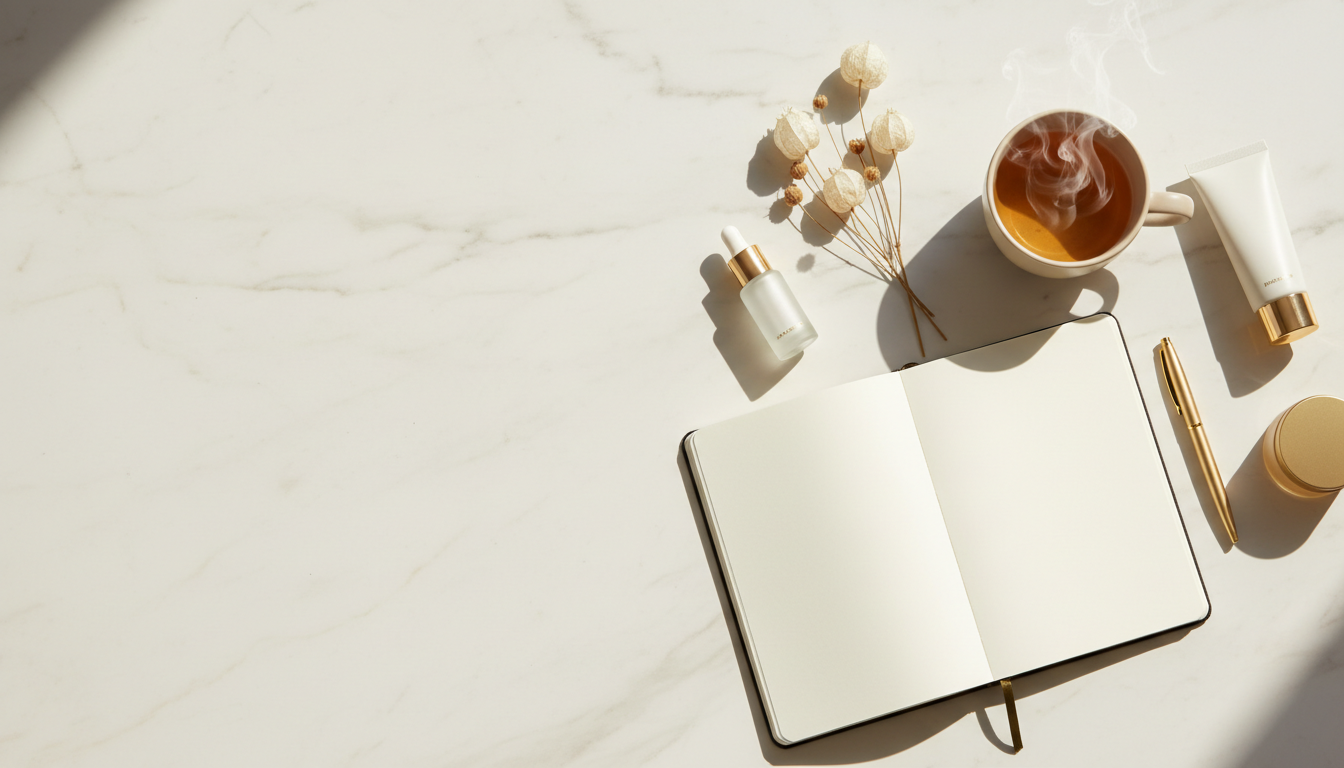 Elegant notebook, pen and skincare products on marble surface — Denyva contact page
