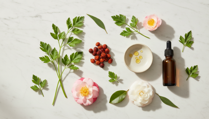 Natural skincare ingredients — parsley, rosehip, camellia and golden facial oil representing Drunk Elephant's key actives