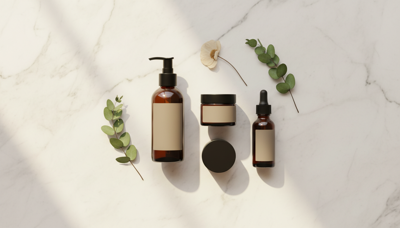 Drunk Elephant skincare products — dark amber glass bottles on white marble flat lay