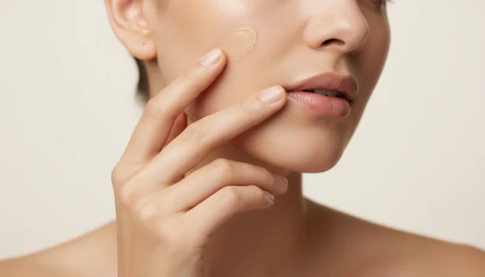 Woman applying tinted moisturiser with fingertips for a natural dewy finish