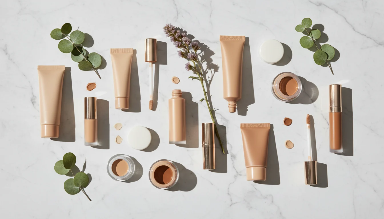 Concealer products in various shades arranged on marble — how to choose the right concealer for your skin tone