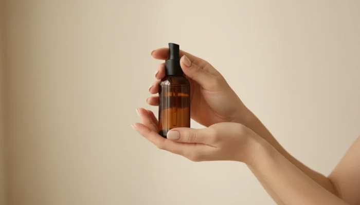 Elegant hands holding a dark amber skincare bottle — is Aesop skincare worth the price?