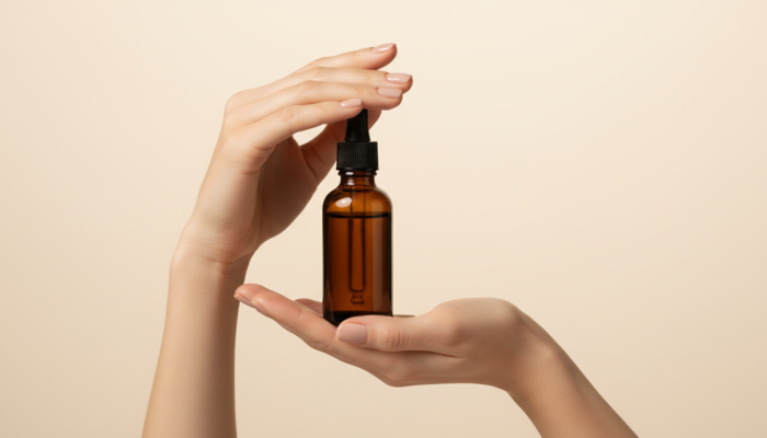 Elegant hands holding a dark amber Drunk Elephant skincare dropper bottle — is it worth the price?