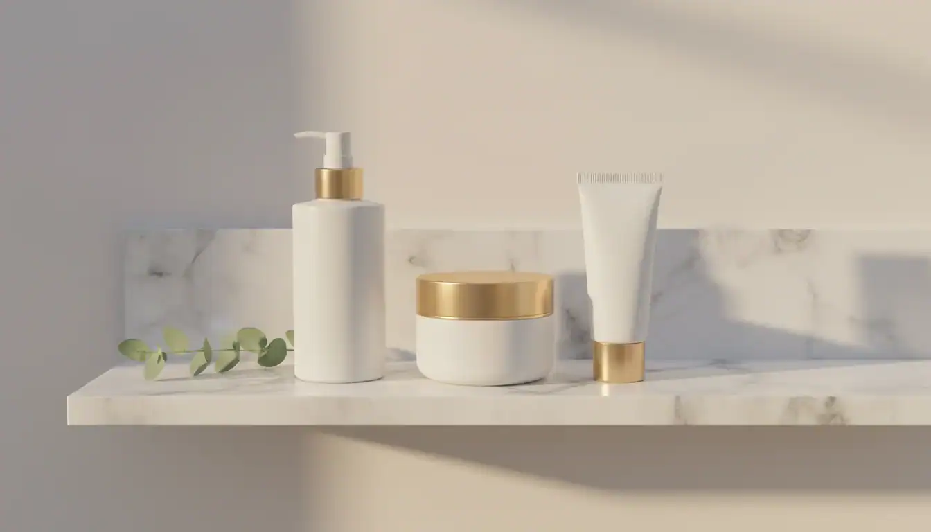 Three essential products for a minimalist skincare routine on a clean marble shelf