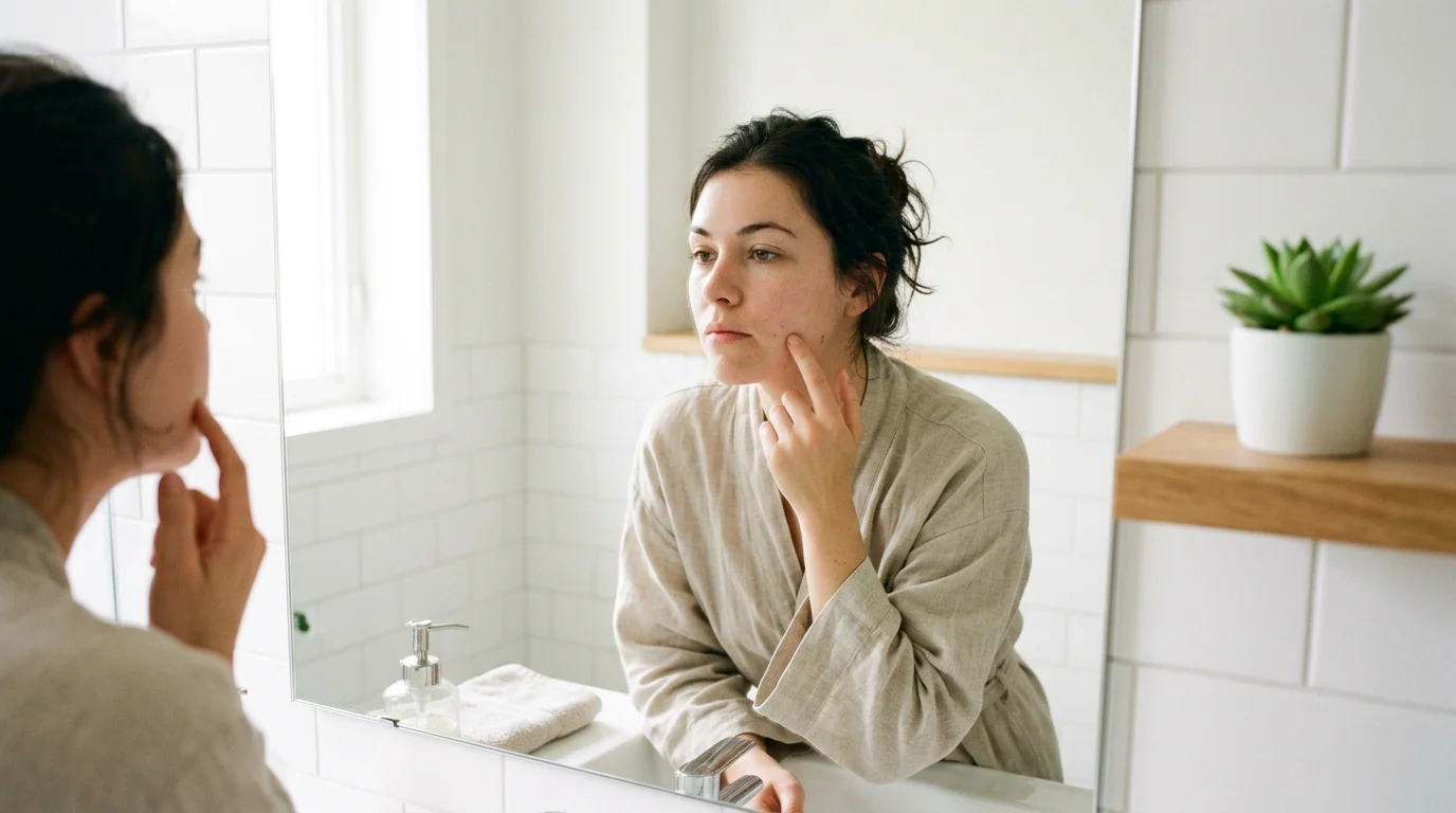 Woman examining her skin in a bright bathroom mirror during her morning skincare routine