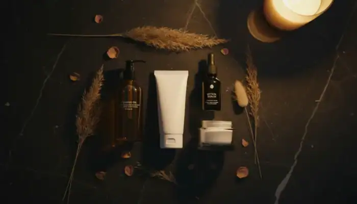 Nighttime skincare routine products flat lay