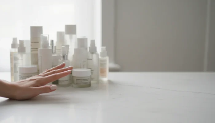 Woman clearing cluttered skincare products — less is more in a simple minimalist skincare routine