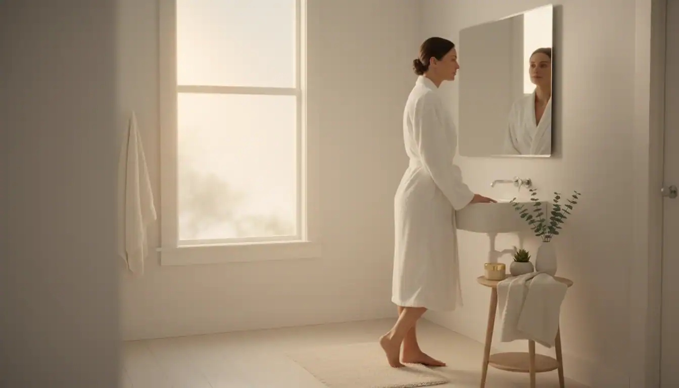 Woman performing skincare routine in bright, minimal bathroom with mirror and natural light.