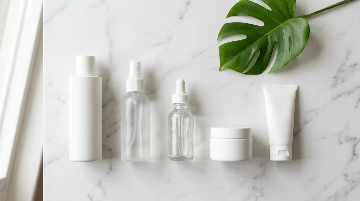 Flat lay of essential skincare morning routine products including cleanser, serum, moisturiser and sunscreen