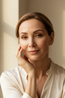 Elegant mature woman with glowing natural skin — tinted moisturiser vs foundation for mature skin
