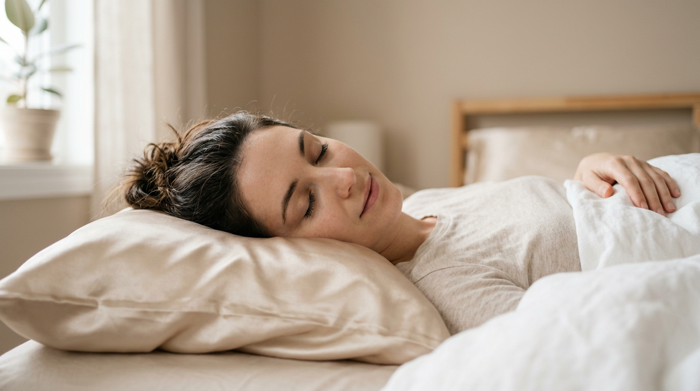Woman sleeping on her back on a silk pillowcase to reduce facial compression