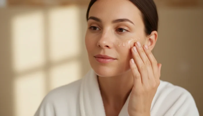 Woman with natural glowing skin applying clean indie skincare serum in a bright bathroom