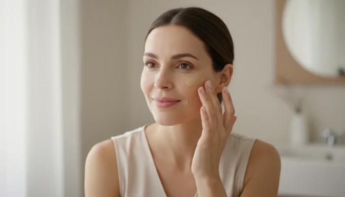 Woman gently applying lightweight foundation with her fingertips to dewy, glowing skin in natural light