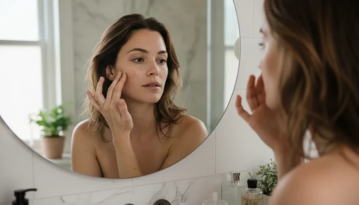 Woman applying lightweight skin tint with her fingers for a natural makeup look on sensitive skin