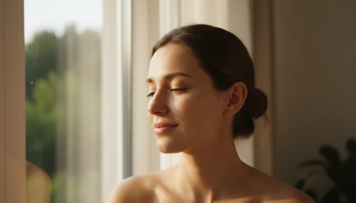 Woman's makeup-free face showing natural skin texture, illustrating signs of skin barrier damage and over exfoliation