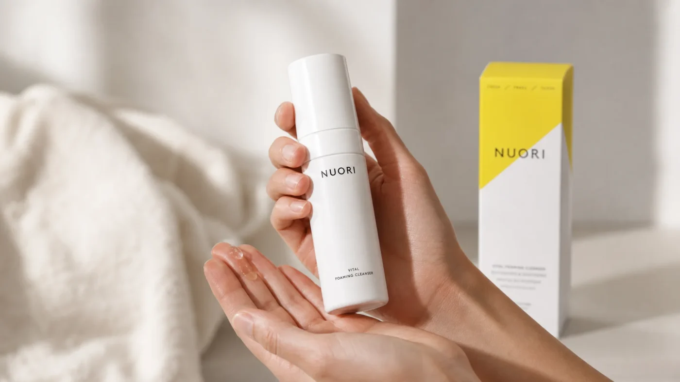 Hands holding Nuori Vital Foaming Cleanser, illustrating a fresh and preservative free skincare routine