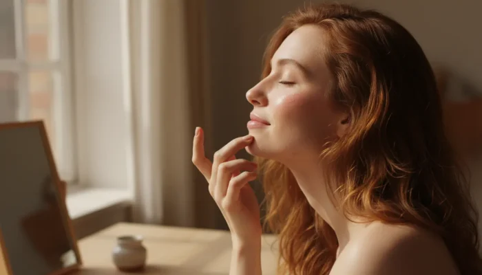 Woman tapping cream blush onto her cheek as part of a lightweight makeup routine for sensitive skin