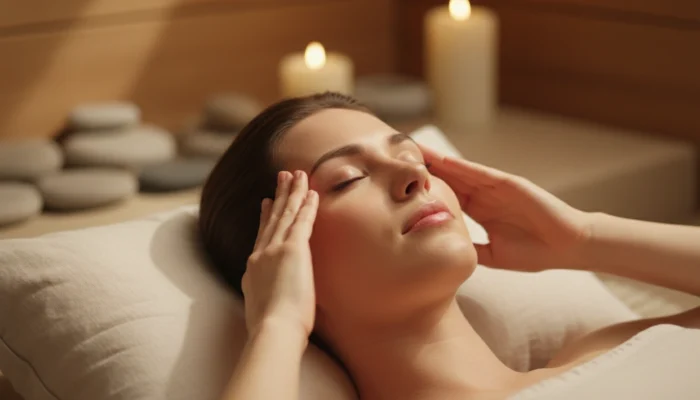 Woman lying down with eyes closed and hands gently resting on her temples in calming candlelight