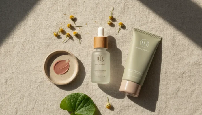 Minimalist neurocosmetic beauty products with chamomile and centella leaves on cream linen — calming skincare flat lay