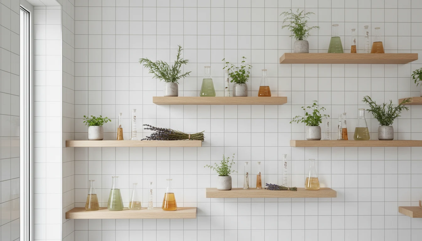 Minimalist Scandinavian skincare laboratory with botanical extracts and natural daylight evoking the Nuori Danish skincare brand