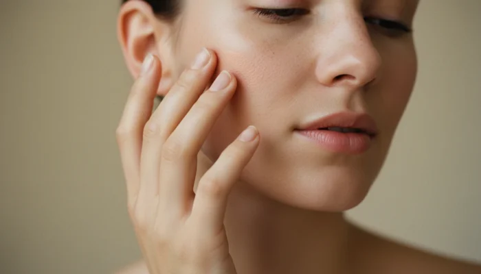 Woman applying cream blush with fingertips for beauty for tired skin — gentle minimalist makeup technique