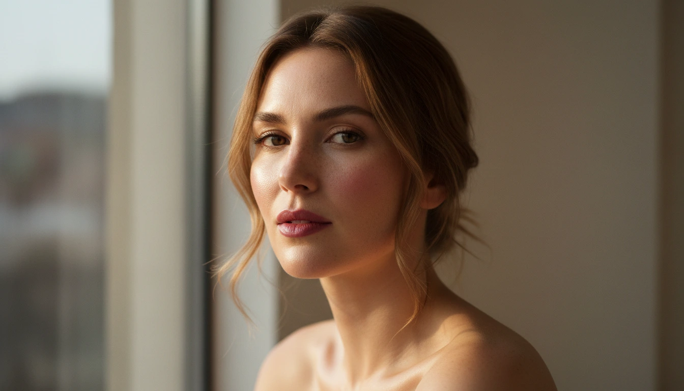 Woman with dewy, glowing skin wearing a natural no-makeup look for sensitive skin in soft morning light