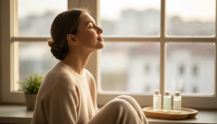 Young woman sitting by a window with eyes closed taking a deep breath before her morning beauty ritual