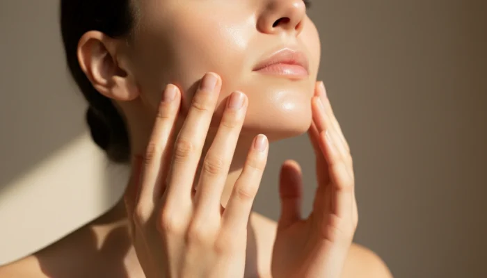 Woman's hands performing gentle lymphatic drainage face massage along her jawline with facial oil