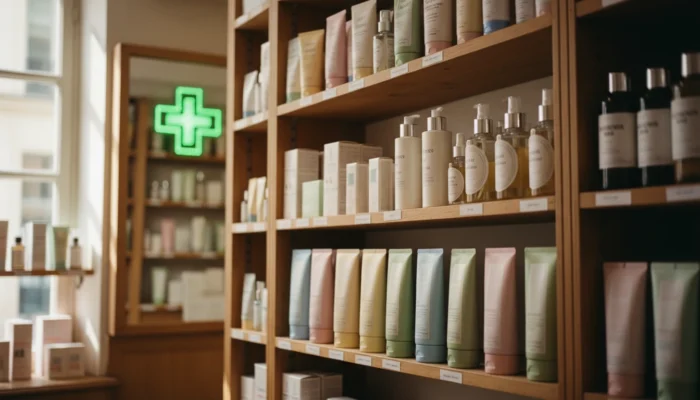 Interior of a traditional French pharmacy with pastel skincare bottles arranged on wooden shelves, illuminated by soft daylight.
