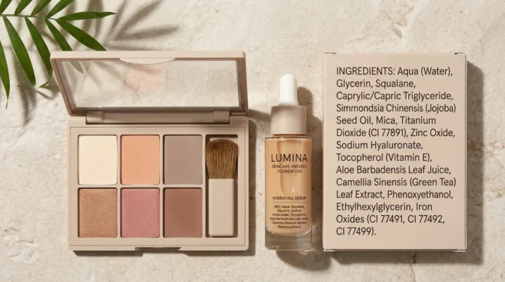 An aesthetically pleasing cosmetic product display, featuring a clearly printed label listing the pure ingredients and active ingredients.