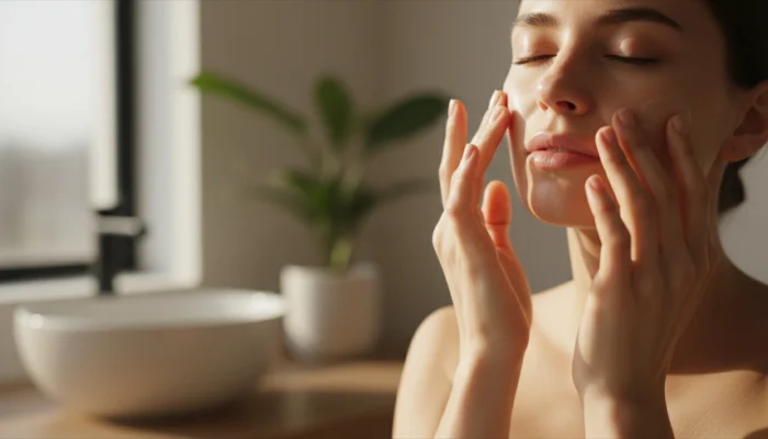 Close-up of woman's fingertips gently pressing skincare onto her cheek as part of a calming beauty ritual