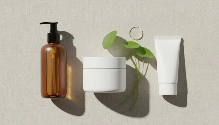 Flat lay of minimalist skincare essentials — cleanser, moisturizer, sunscreen and centella asiatica leaves for skin barrier recovery