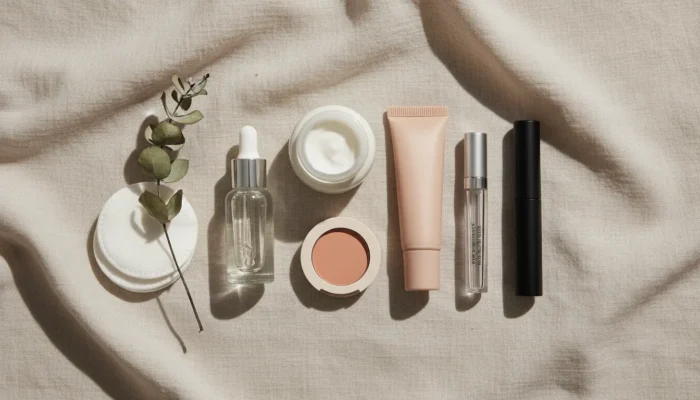 Minimalist skincare and makeup essentials arranged on linen — products for an effortless beauty routine and skinimalism makeup