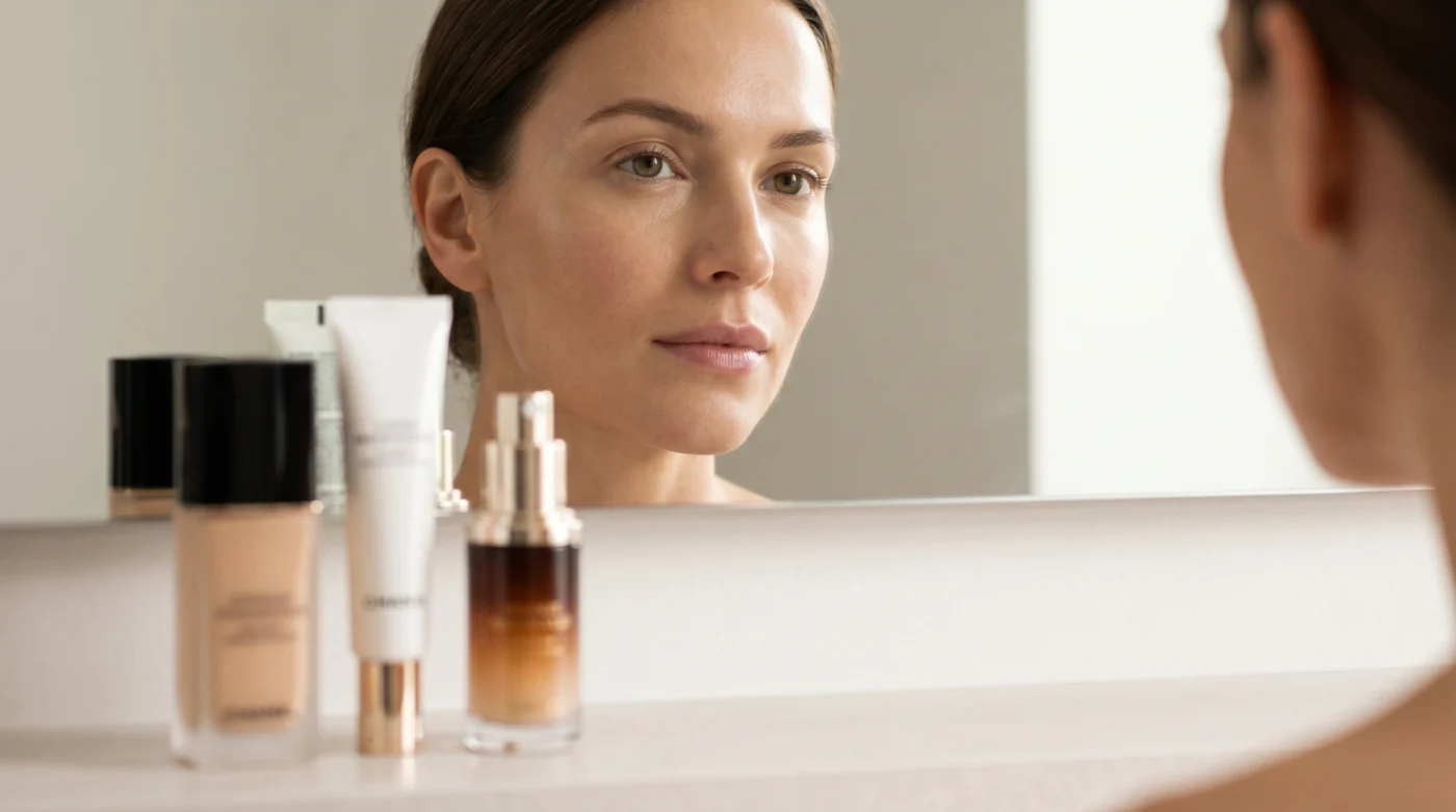 A woman looks thoughtfully in a mirror at her glowing skin, with serum-infused foundation and skincare products on the vanity, illustrating the morning routine and skincare actives in makeup.