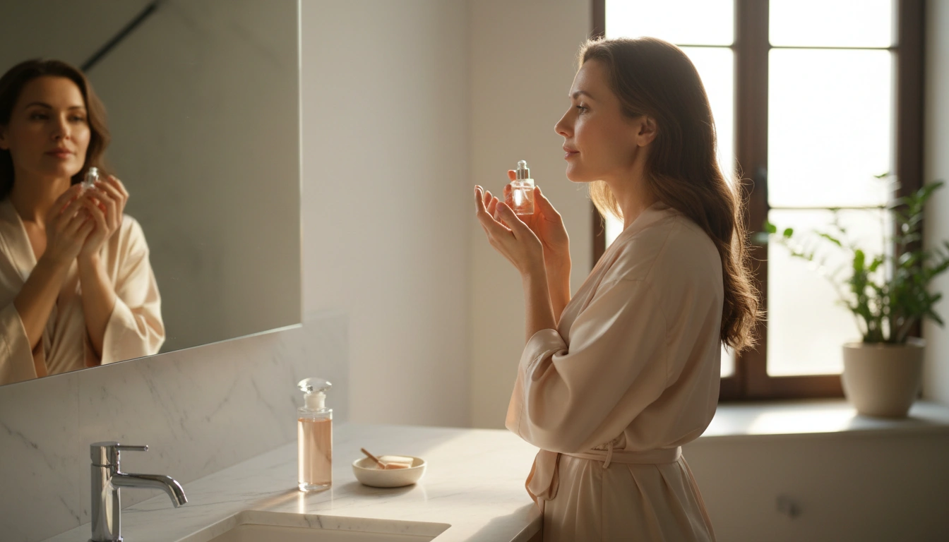 Woman in beige silk robe applying neurocosmetic skincare in front of a soft-lit bathroom mirror in the morning