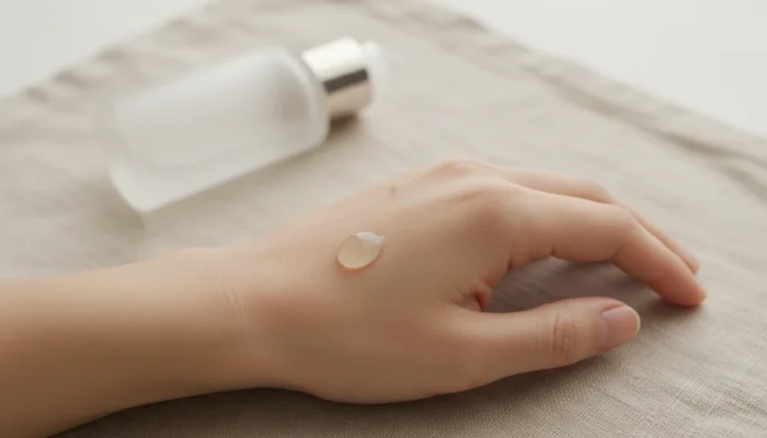 Niacinamide serum on a woman's arm with calm, healthy skin – restoring the skin barrier and regulating oil production.
