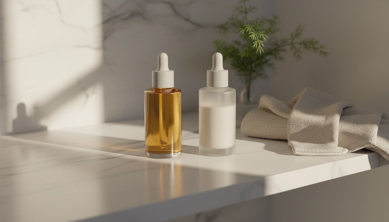 Two bottles of facial serum containing niacinamide and vitamin C on a light-colored bathroom shelf—part of my daily skincare routine.