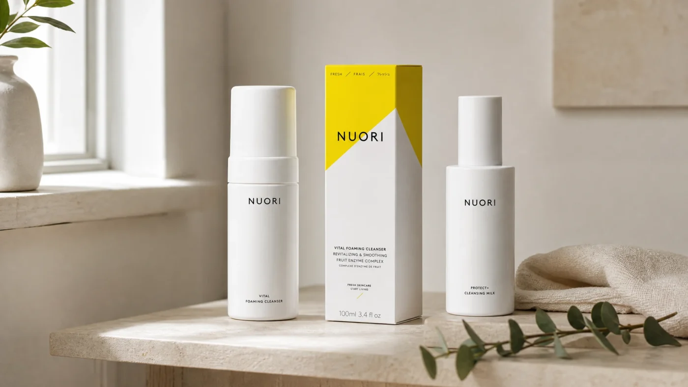 Nuori fresh formulation skincare bottles on a minimalist Scandinavian bathroom shelf in soft morning light