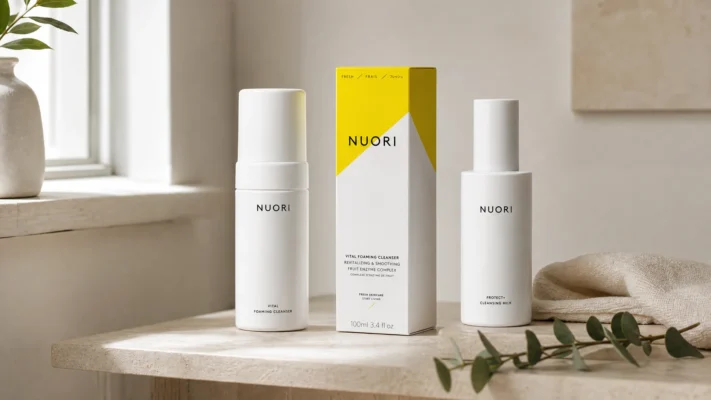 Nuori fresh formulation skincare bottles on a minimalist Scandinavian bathroom shelf in soft morning light
