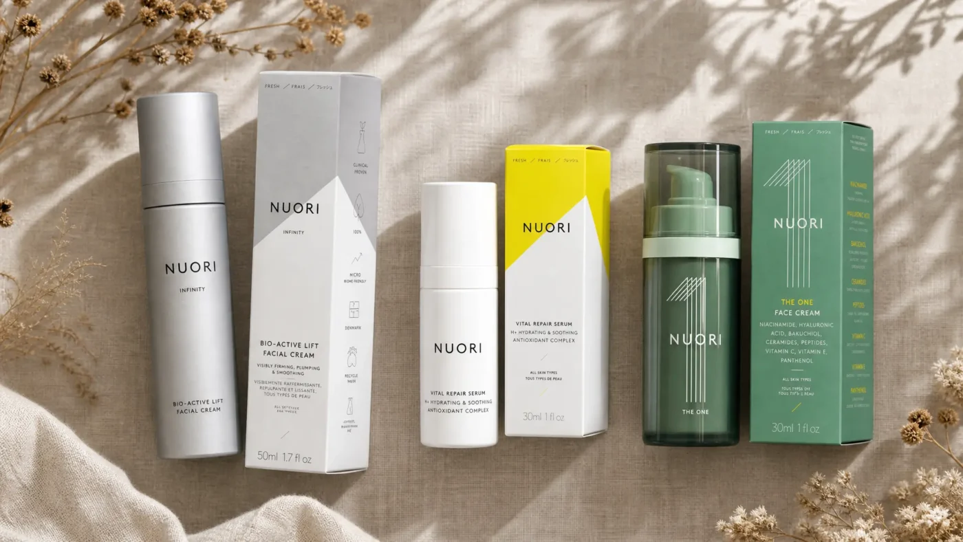 Nuori skincare review featuring Infinity facial cream, Vital Repair Serum and The One face cream arranged on neutral linen