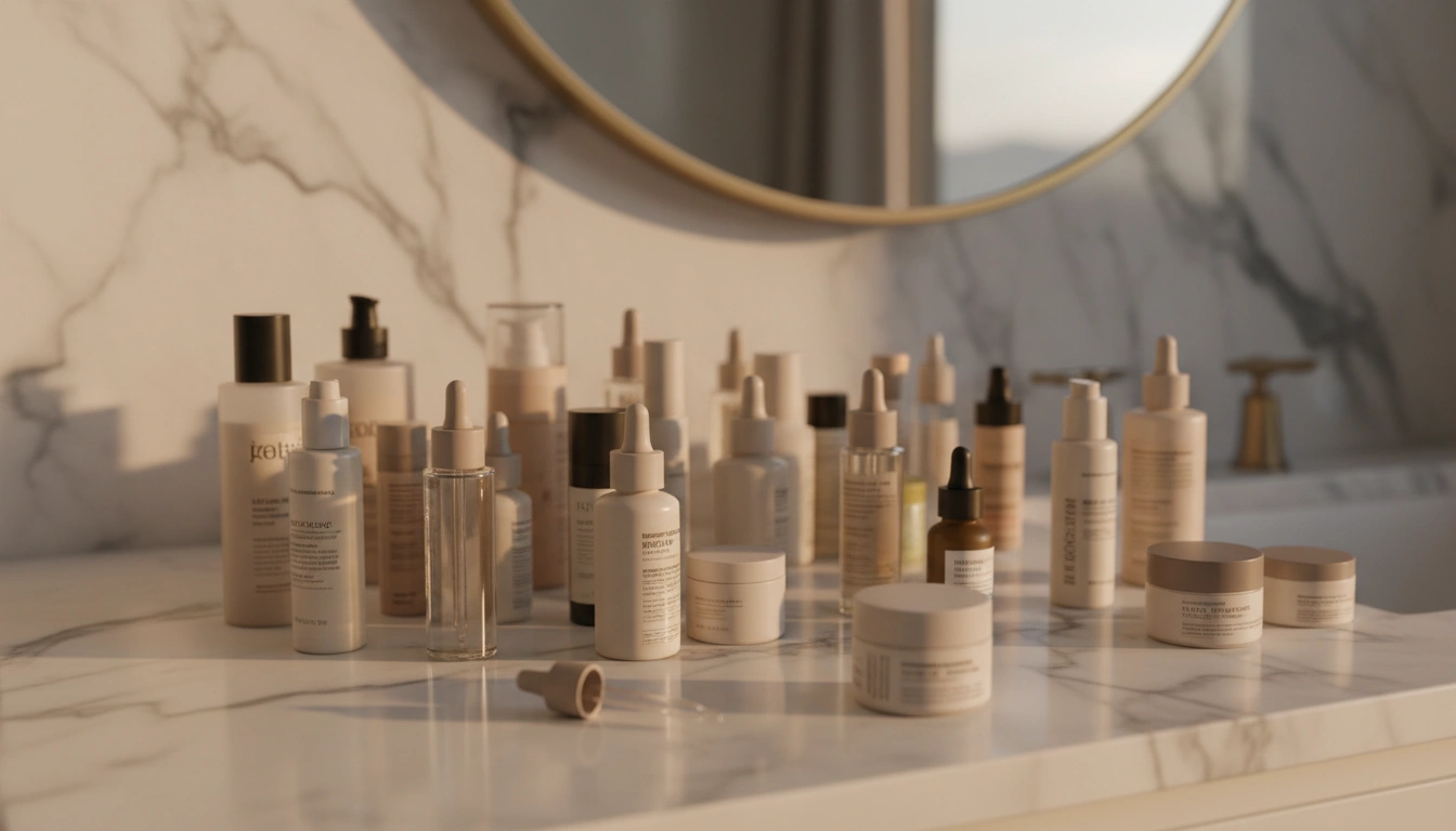 Cluttered bathroom counter with multiple skincare bottles and serums symbolizing skincare burnout before a skin fast